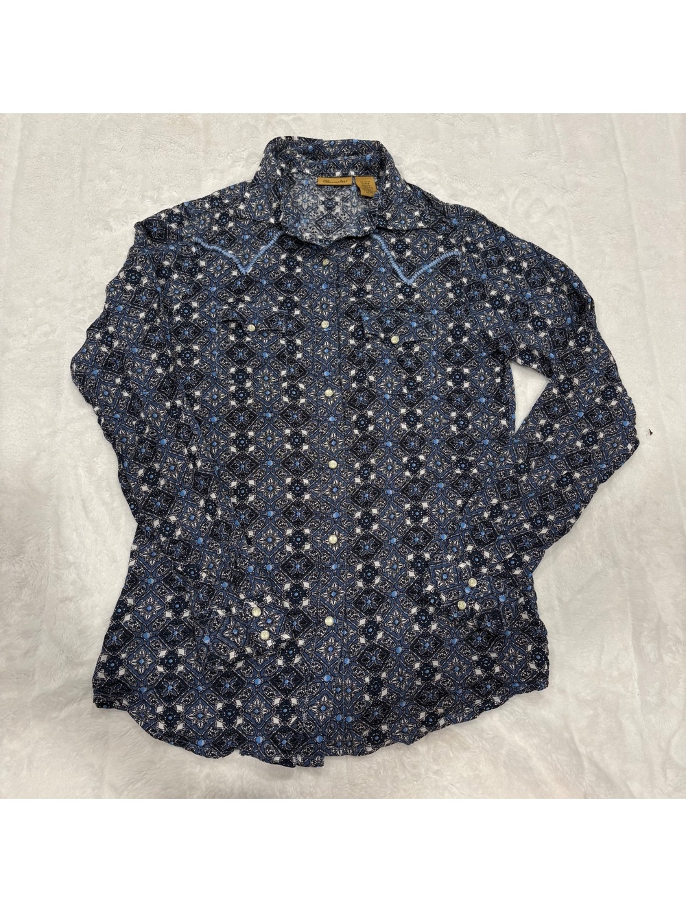 Wrangler Blue Patterned Western Shirt Men's Small Cotton Casual Button-Up